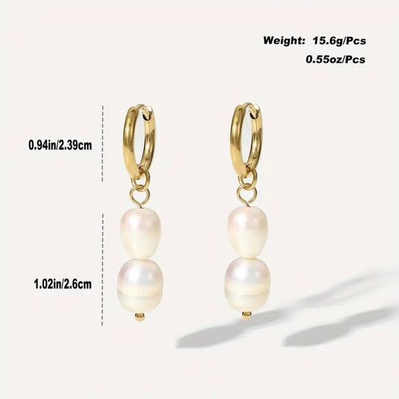 Double Natural Freshwater Pearl Drop Dangle Earrings Bohemian 18K Gold Plated - Picture 3 of 7